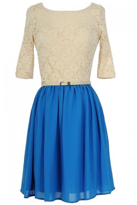 Dawn Til Dusk Belted Lace and Chiffon Dress in Bright Blue